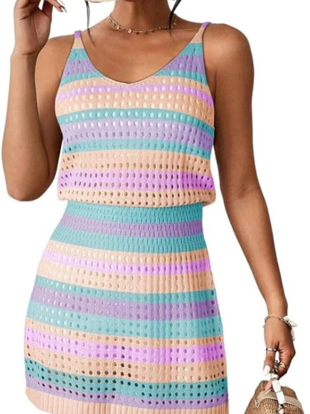 Women's Pink Stripes Crochet Hollow Out Knit Cruise Bathing Swim Suit Cover UPS